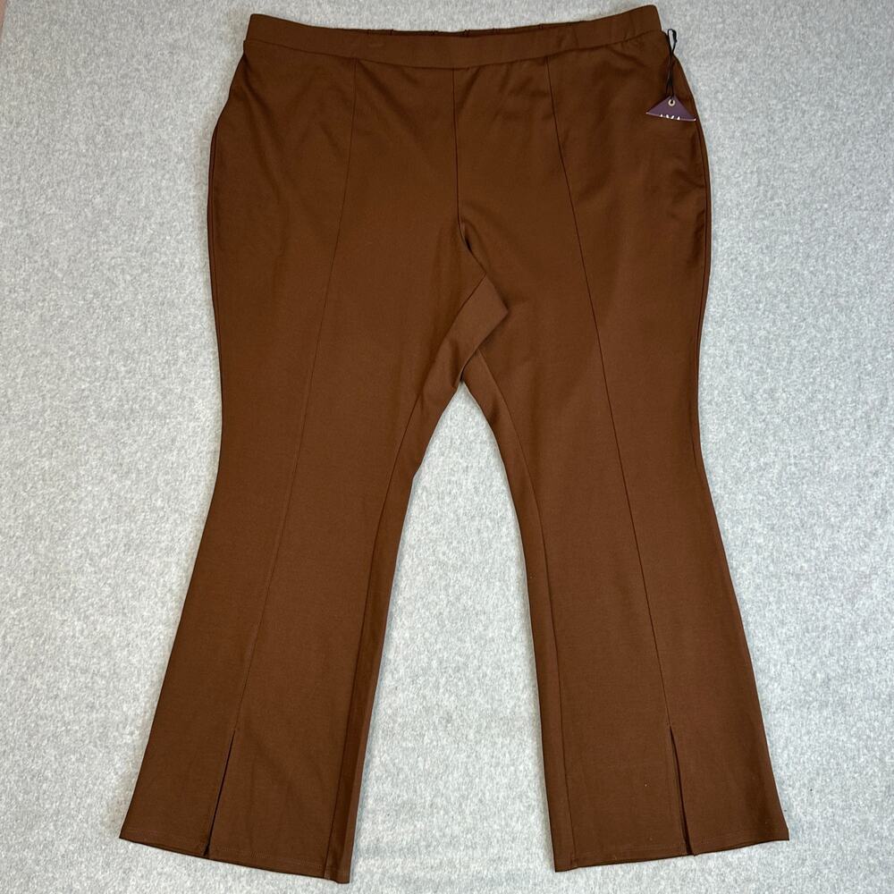 Ava & Viv Pull On Stretch Pant WMNS 3X Plus Brown High Rise Split Ankle Wide Leg